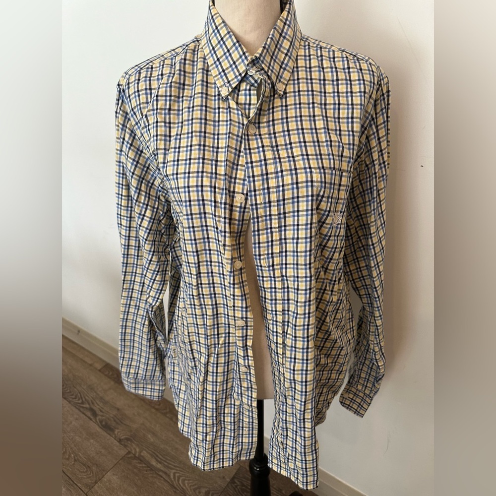Chaps Dress Shirt Mens button front  plaid yellow and blue SZ M
